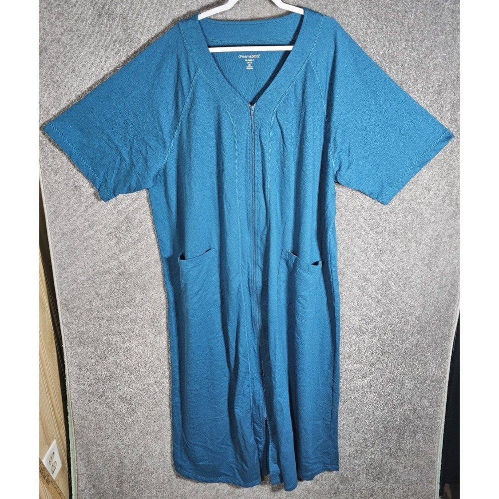 Dreams Co Zip Front Long Robe Womens Sz 26/28 2X Teal Short Sleeve Pockets VNeck